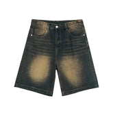 Hearujoy Stylish Men Wear Denim Shorts Solid Color Straight Wide Leg Denim Pants Knee-length Worn-out Vintage Trend 9C5604